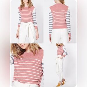 VERONICA BEARD Brae Linen Blend Sweater In Cream/ Navy/ Red Melange Size Small
